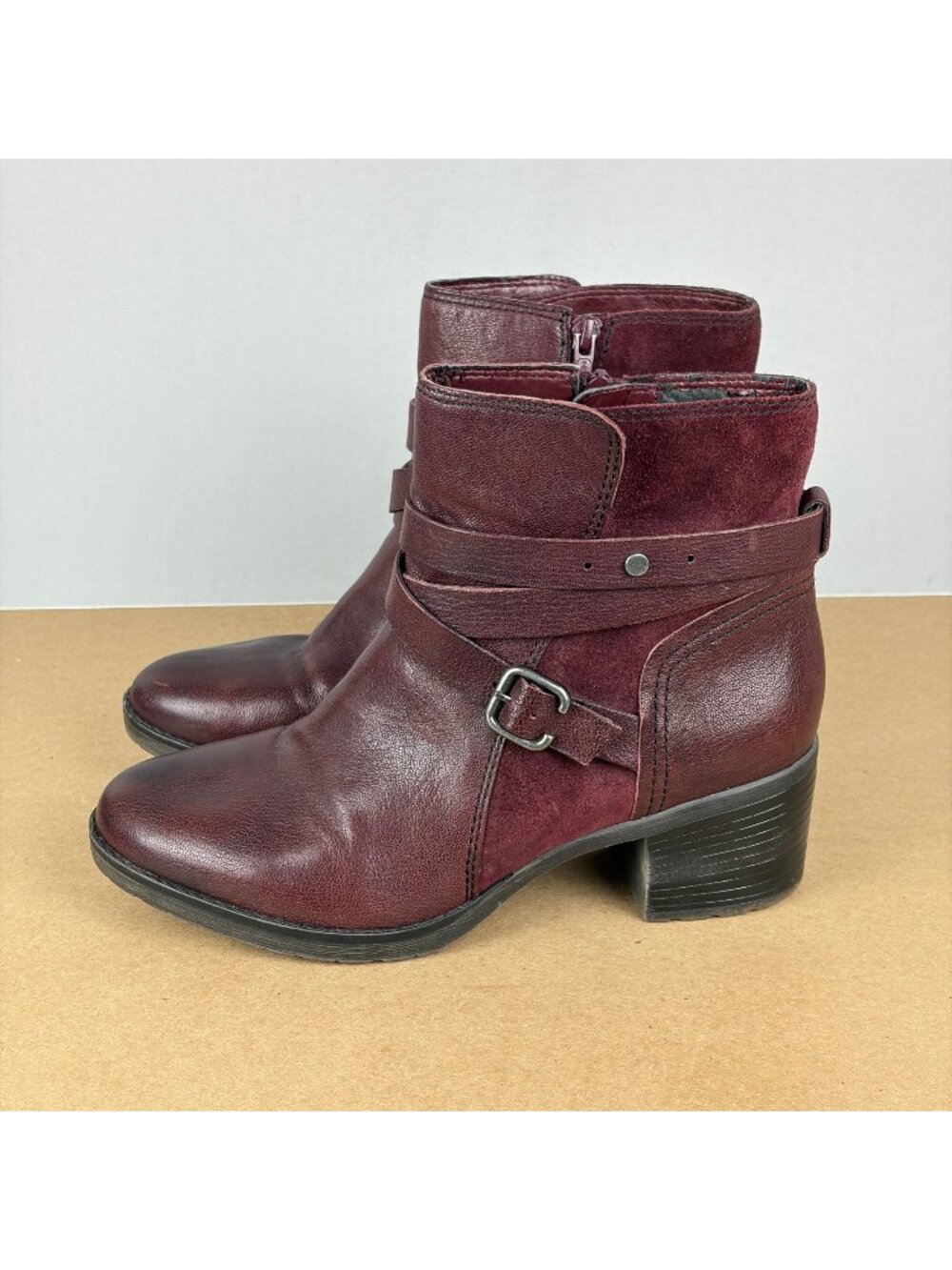Naturalizer Ringer Leather Heeled Boots Womens 10 Wine Red Belted Side Zip